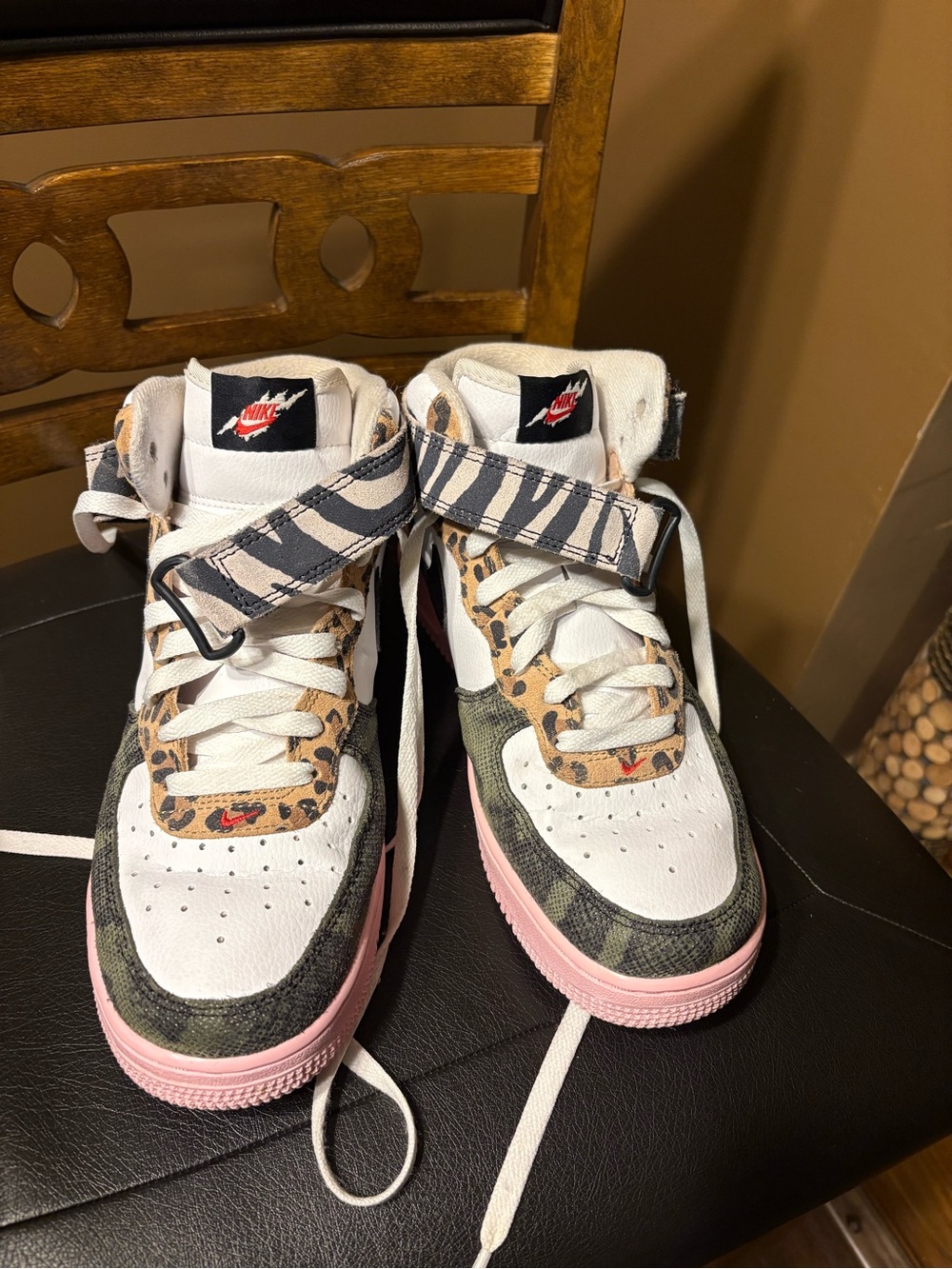 Nike Women High-Top Sneakers in White, Pink, Black & Brown Animal Print